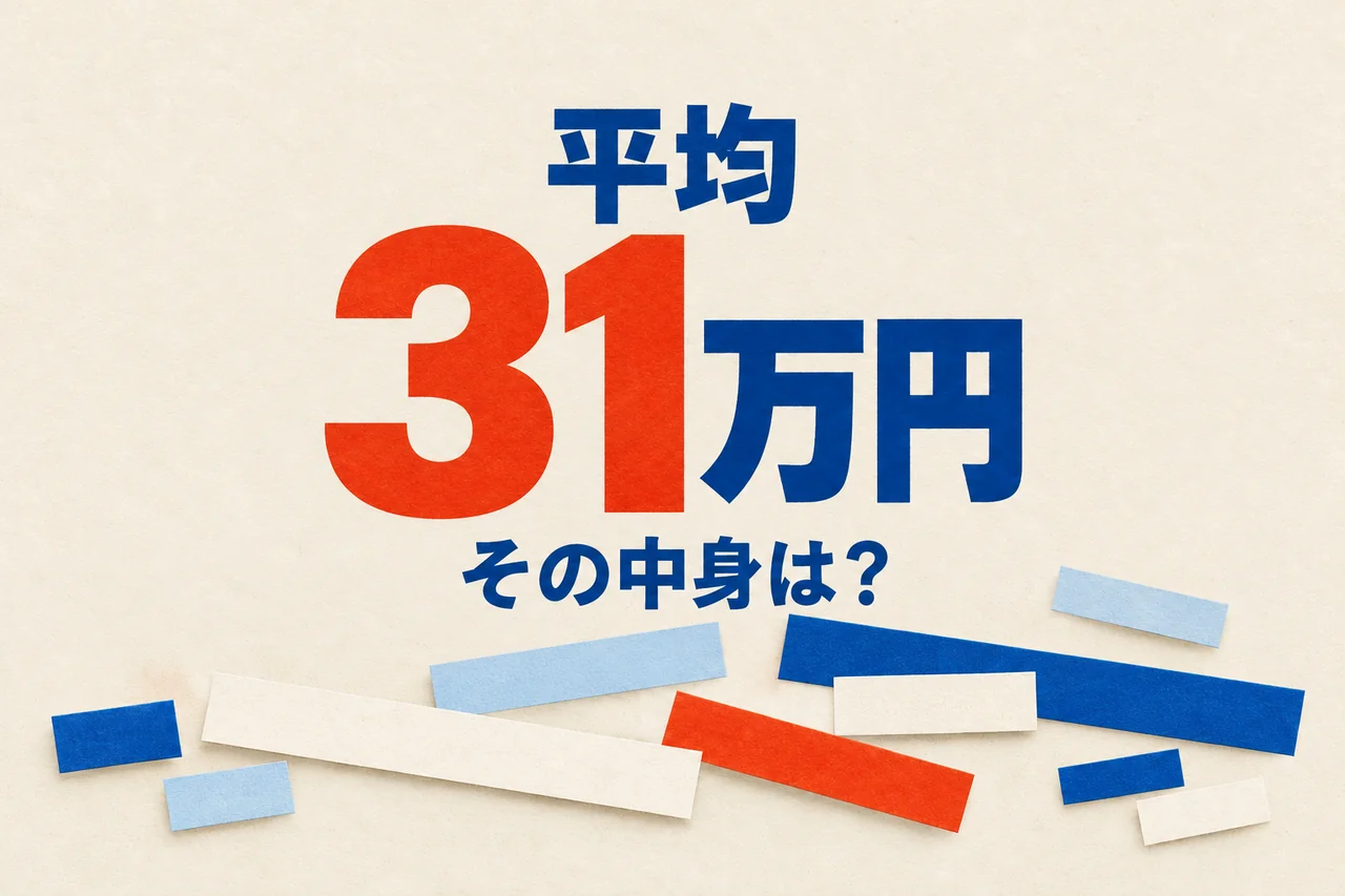 平均31万円と、その中身は？の文字を中心にした架空の紙片の図案。紙片は統計値を表すグラフではない