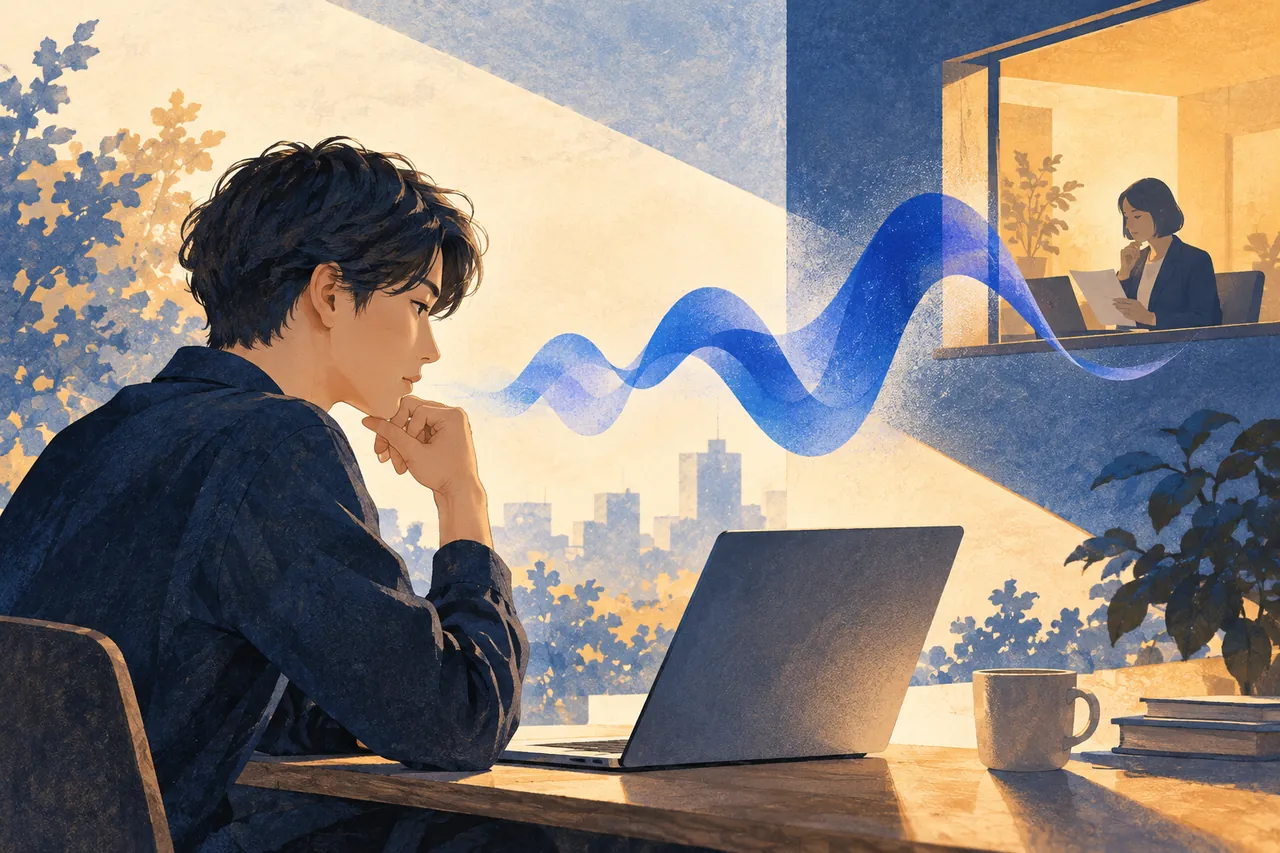 AI面談と人の確認を表す架空の人物とパソコンのイラスト