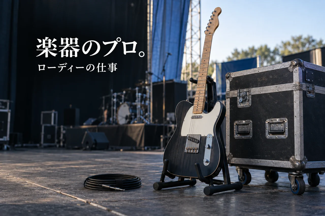 ギター、フライトケース、ケーブルを置いた架空の舞台袖。「楽器のプロ。」「ローディーの仕事」の文字