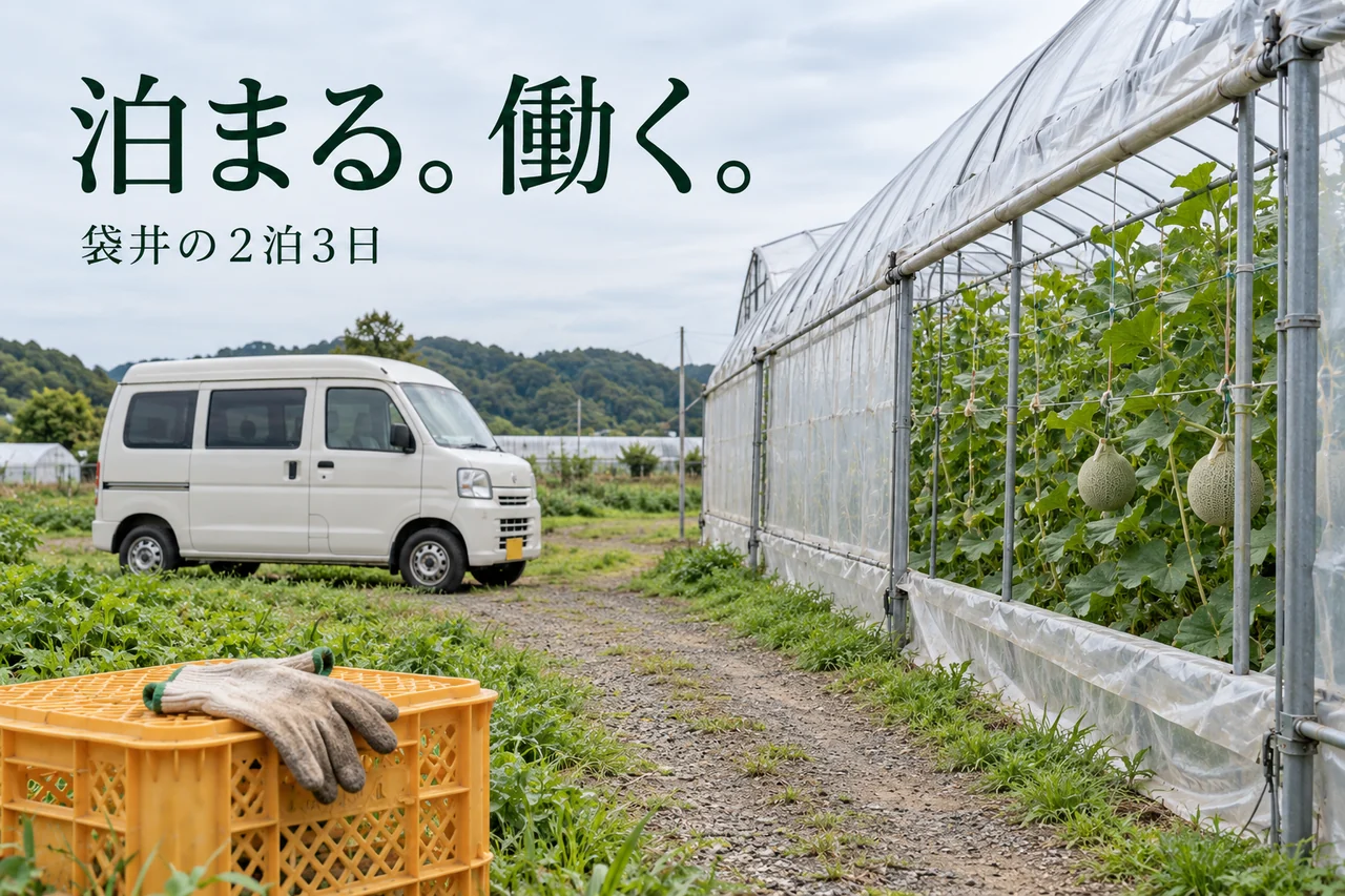 ビニールハウスと軽キャンパー、作業手袋を描いた架空の写真風表紙。「泊まる。働く。」「袋井の2泊3日」の文字