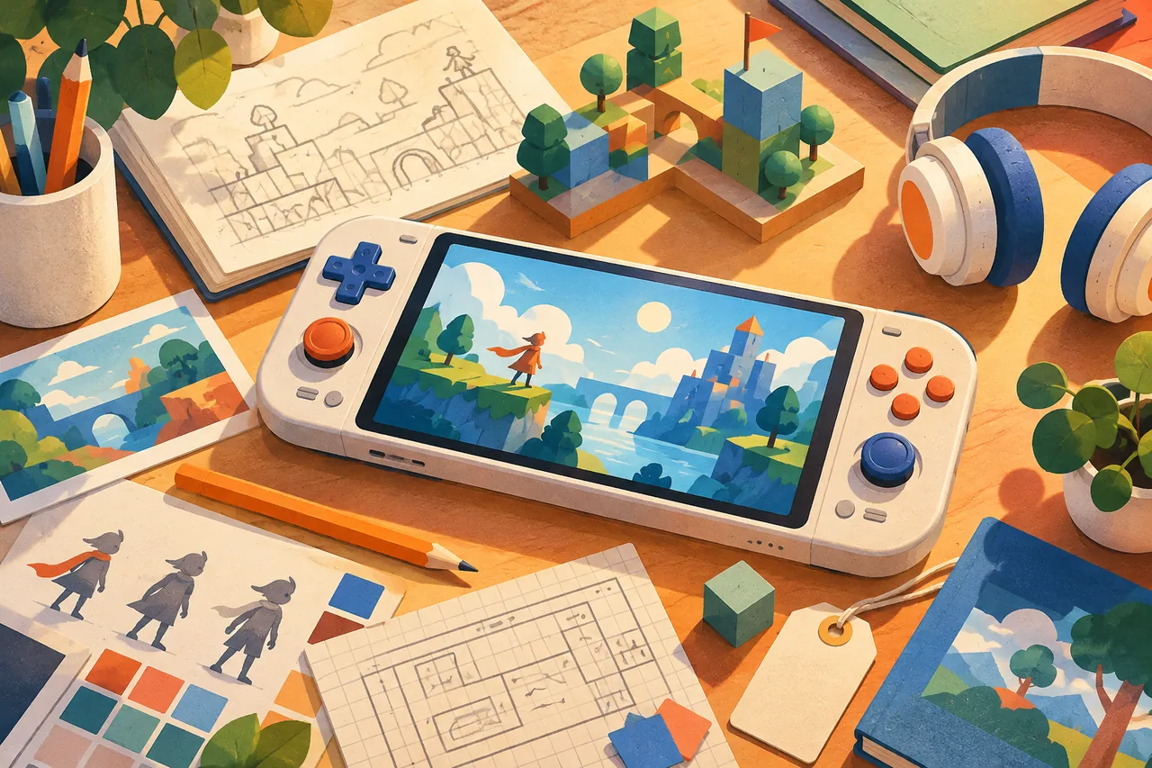 架空のゲーム機と制作・運営を支える道具のイラスト