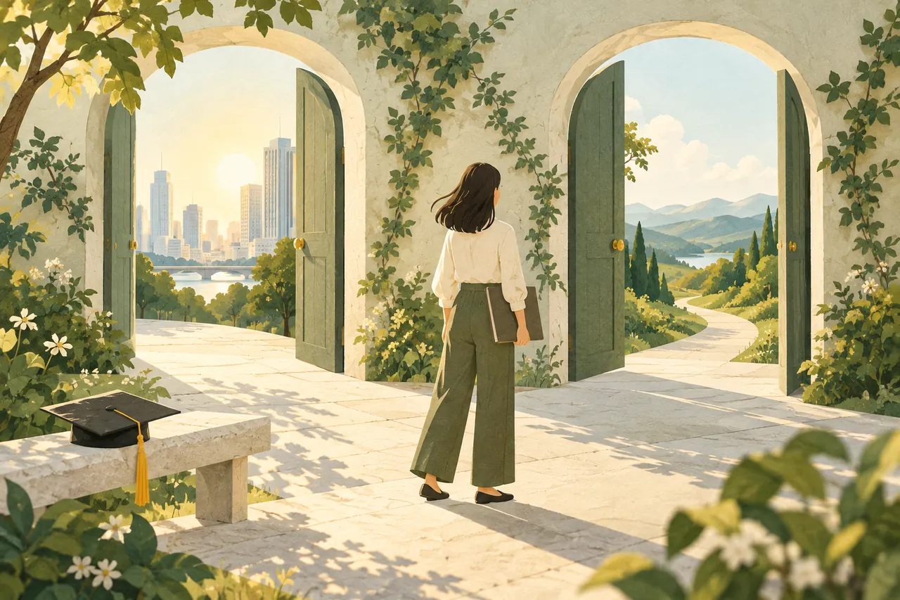 卒業後の二つの仕事の入口を表す架空の人物と扉のイラスト
