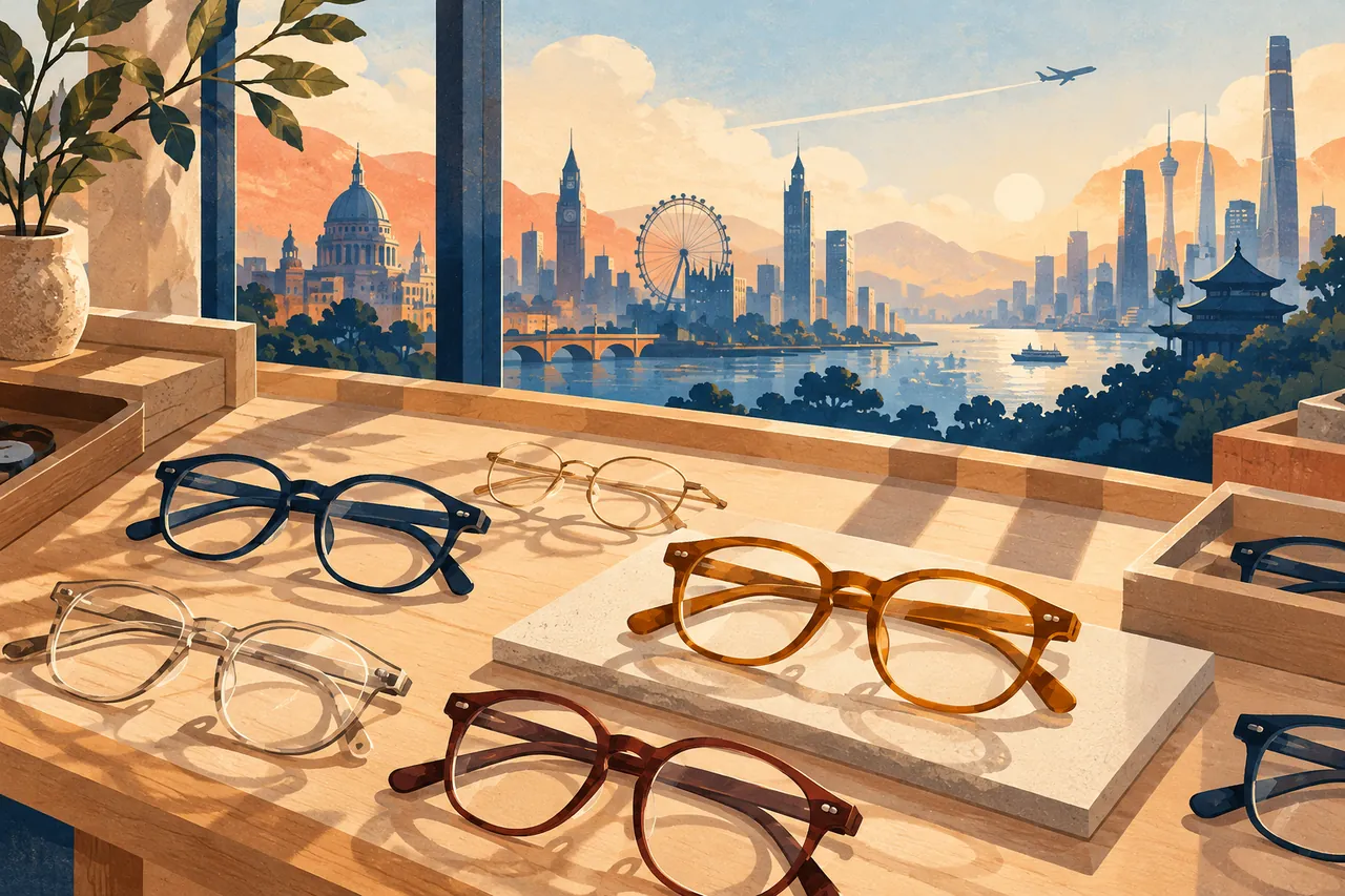 眼鏡の並ぶカウンターと海外の街を描いた架空のイラスト