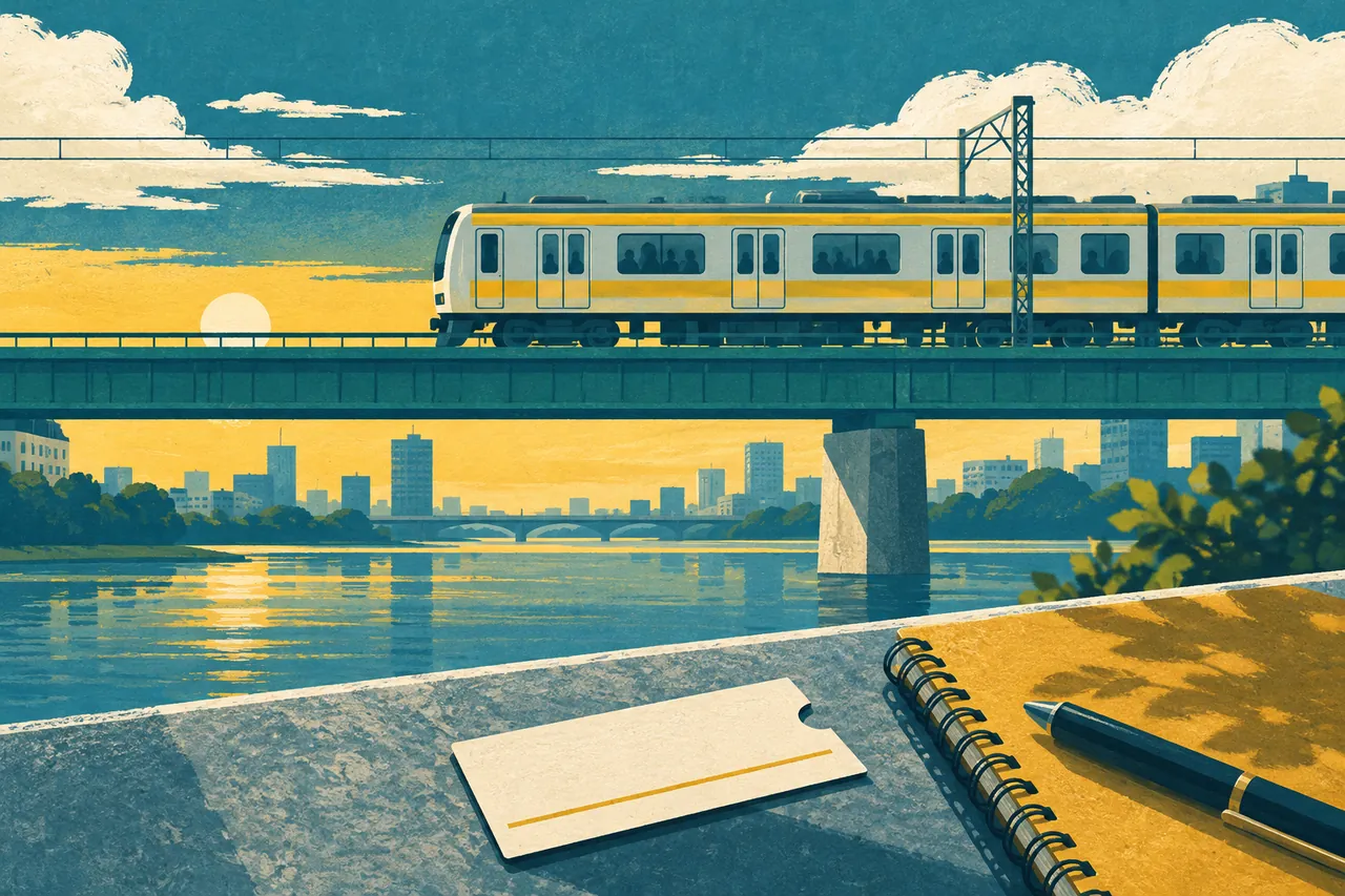電車と定期券、通勤のメモを描いた架空のイラスト
