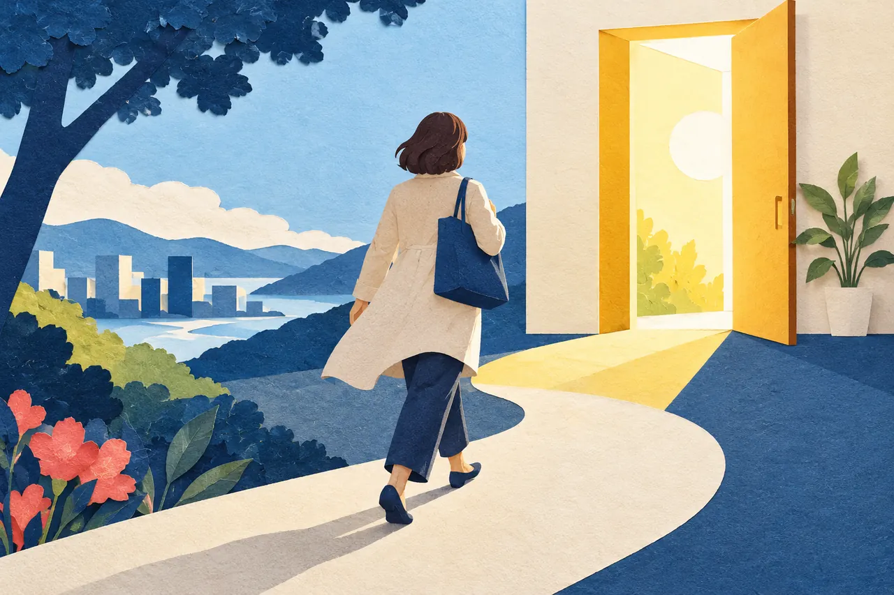 明るい扉へ向かう人を描いた架空の切り絵風イラスト