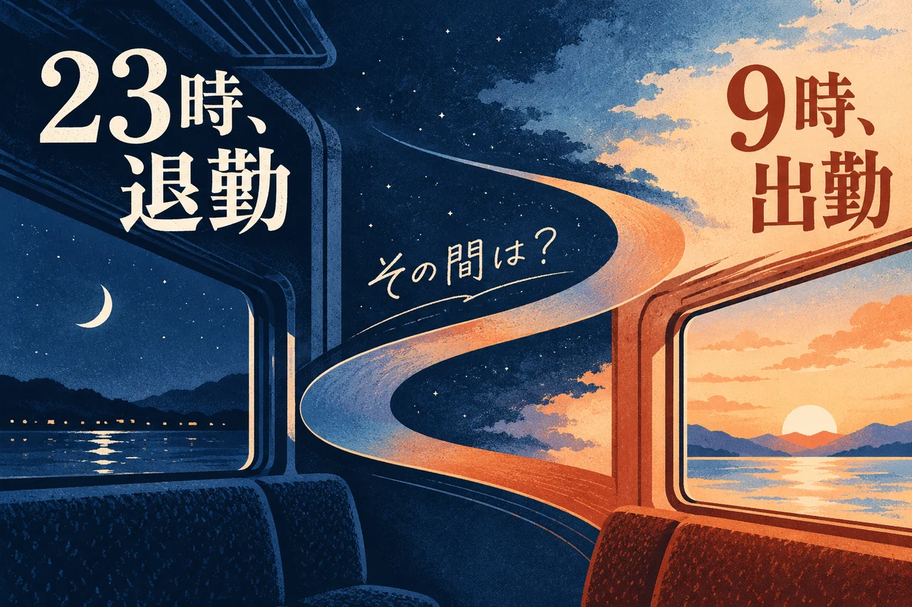 夜と朝の電車の窓をつないだ架空のイラスト。「23時、退勤」「9時、出勤」「その間は？」の文字